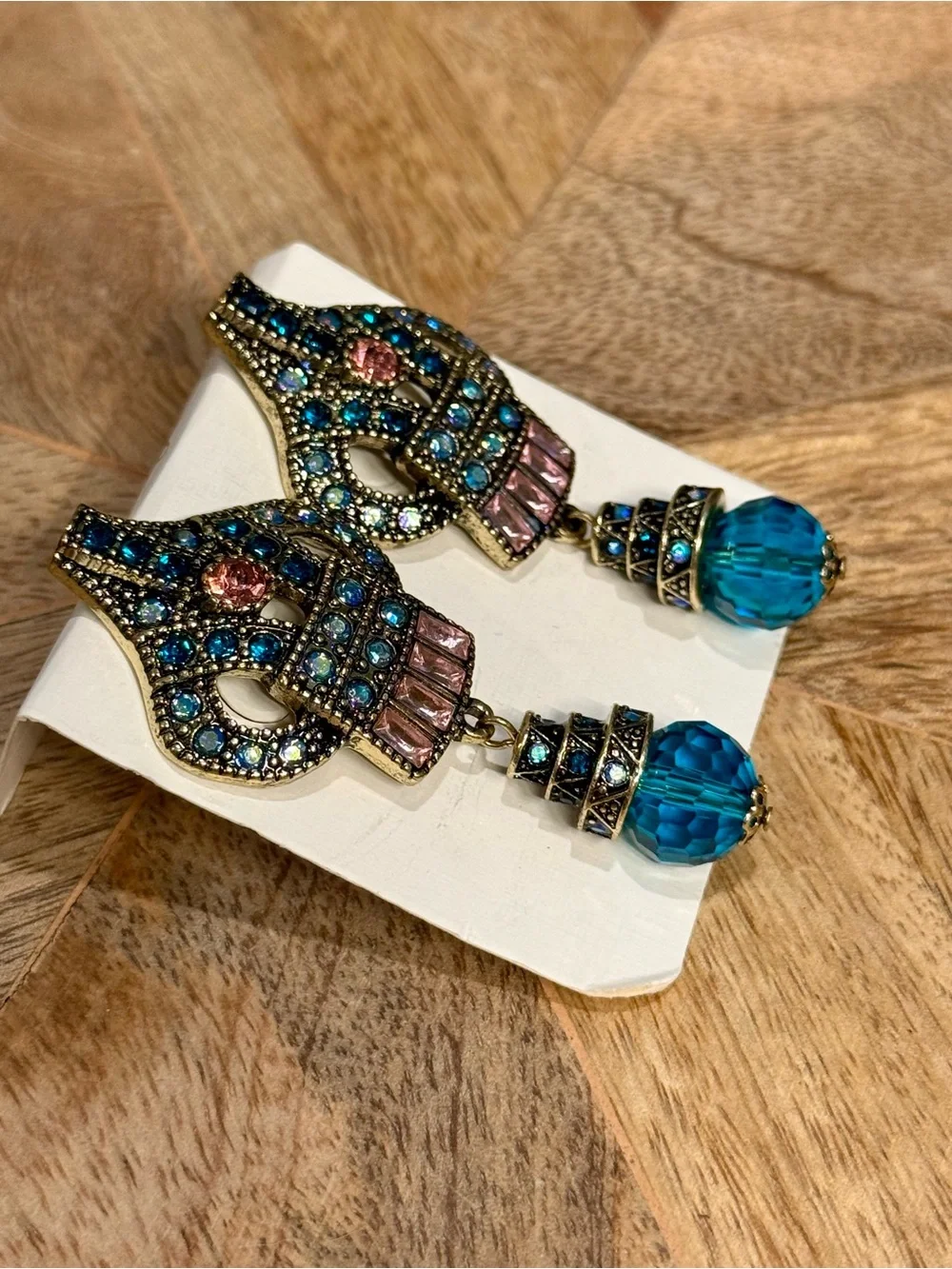 Vintage-Style Blue Crystal Drop Earrings with Pink Accents
